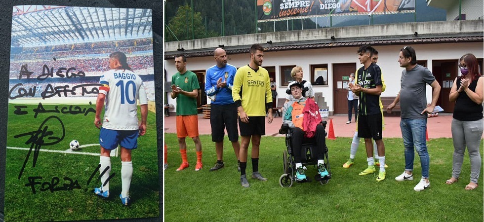 A sinistra il messaggio di Roberto Baggio, a destra un momento della #ForzaDiegoCup2021 andata in scena domenica a